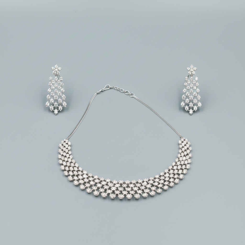 Silvery Dhanashree American Diamond Necklace set