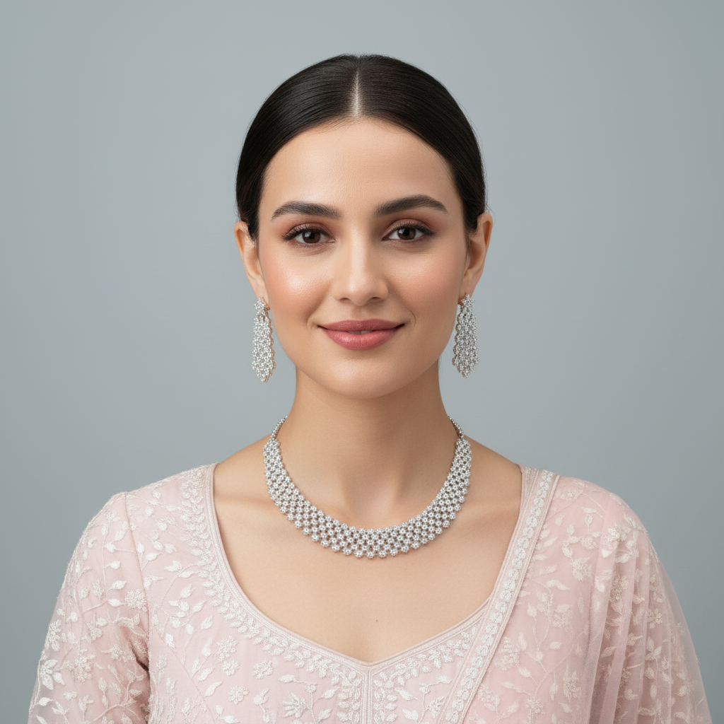 Silvery Dhanashree American Diamond Necklace set