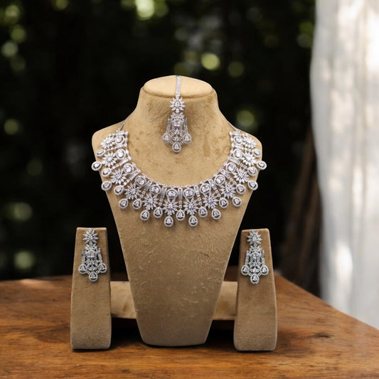 Silvery Brindavati American Diamond Necklace set with Maangtika