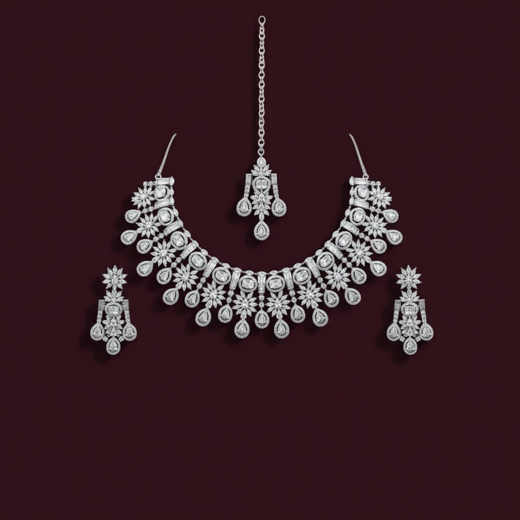 Silvery Brindavati American Diamond Necklace set with Maangtika