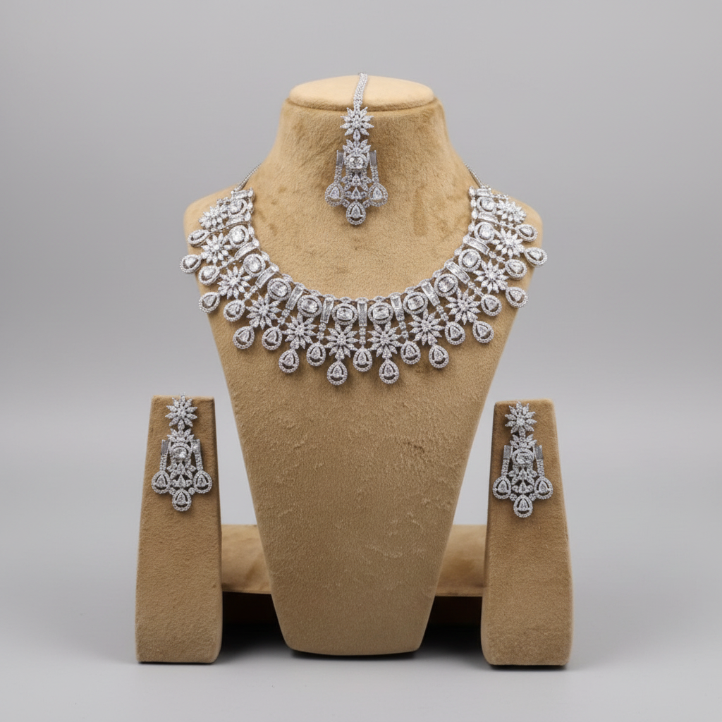 Silvery Brindavati American Diamond Necklace set with Maangtika