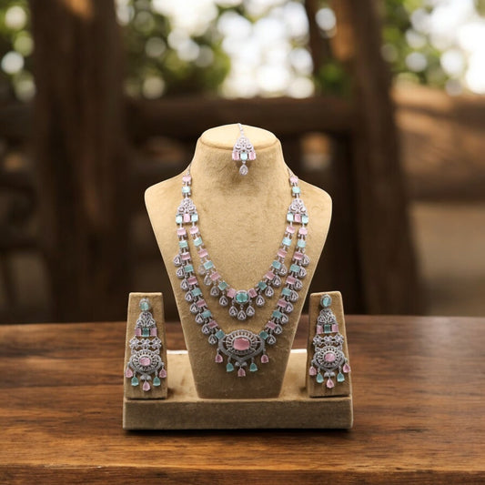 Multicolor Anuradha American Diamond Necklace set with Maangtika