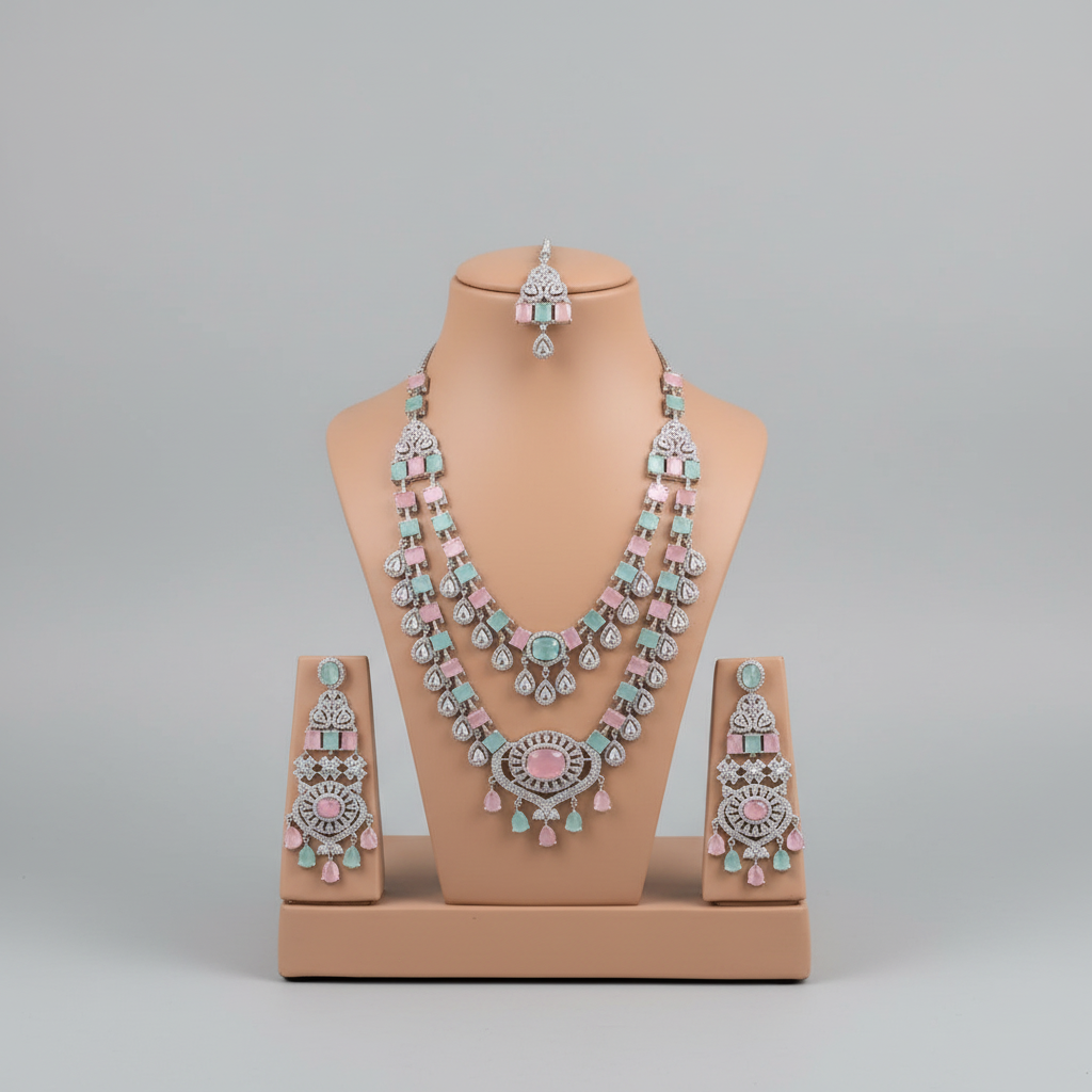 Multicolor Anuradha American Diamond Necklace set with Maangtika