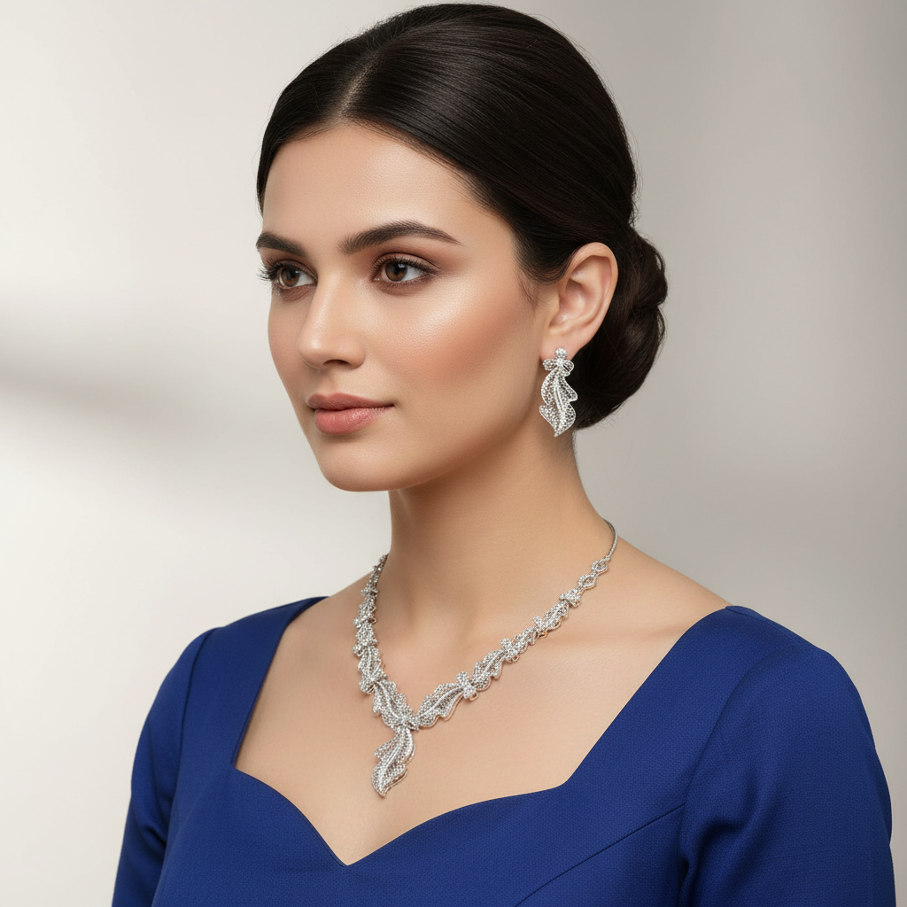 Silvery Medhavi American Diamond Necklace set