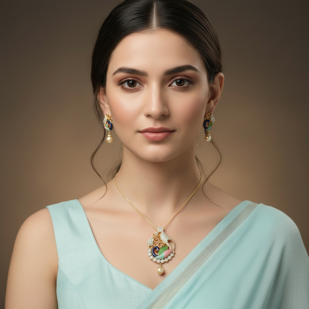 Golden Morni American Diamond Pendant set