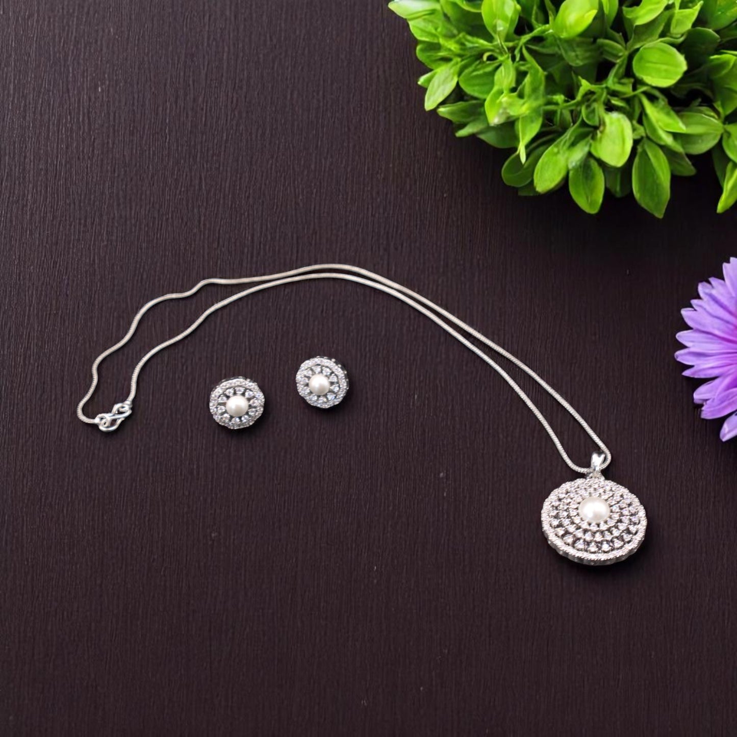 Silvery Shweta American Diamond Pendant set