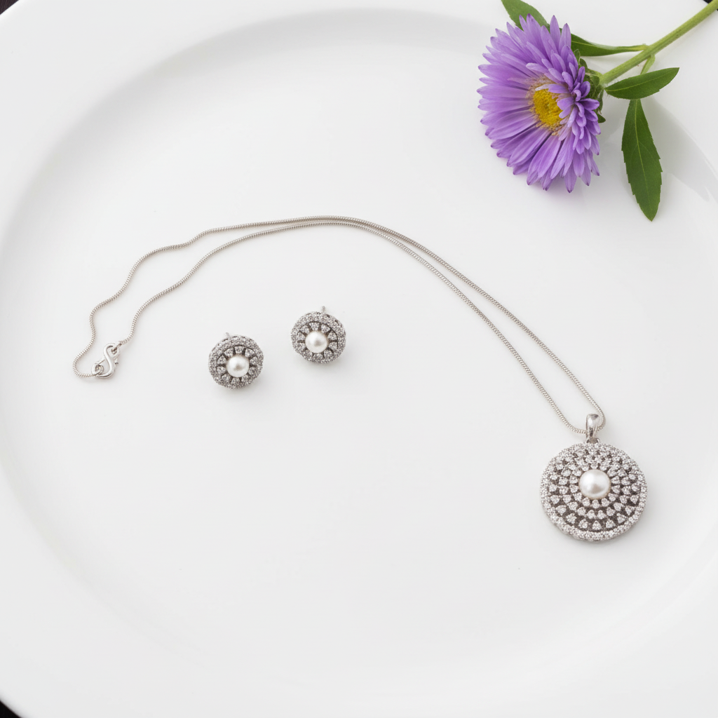 Silvery Shweta American Diamond Pendant set