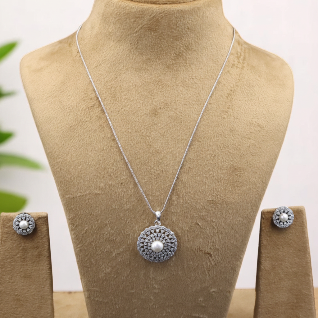 Silvery Shweta American Diamond Pendant set