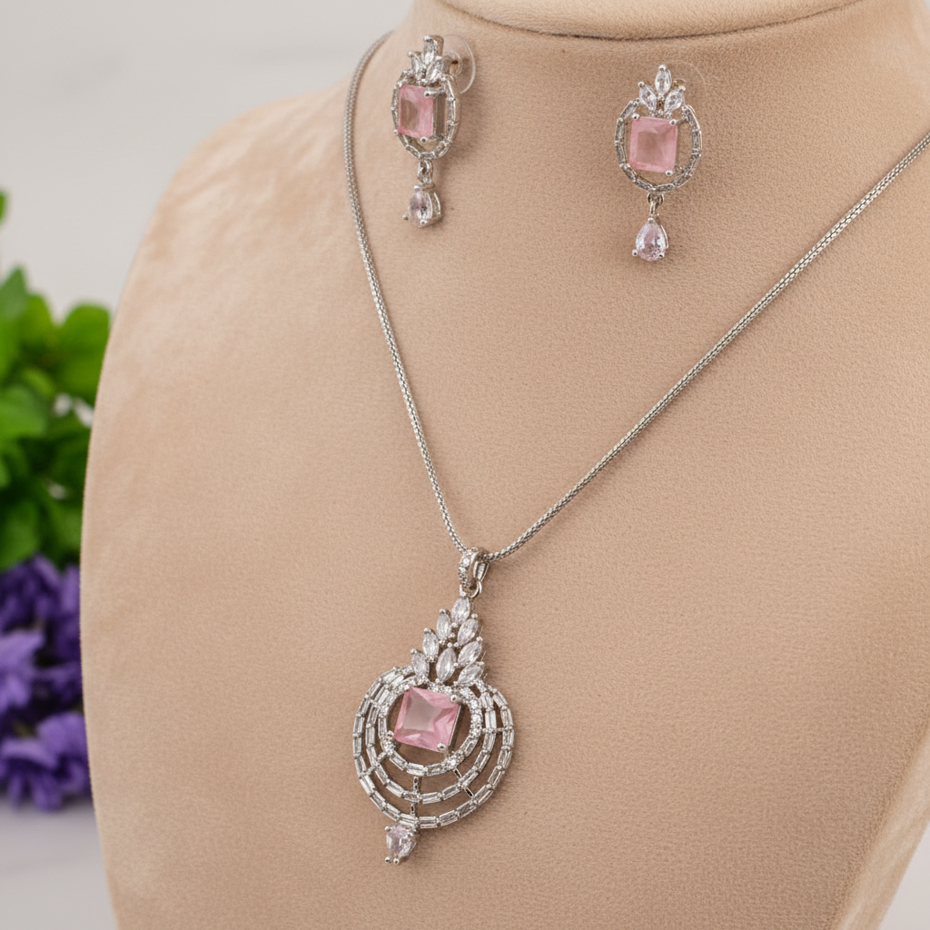 Pink Shreshta American Diamond Pendant set
