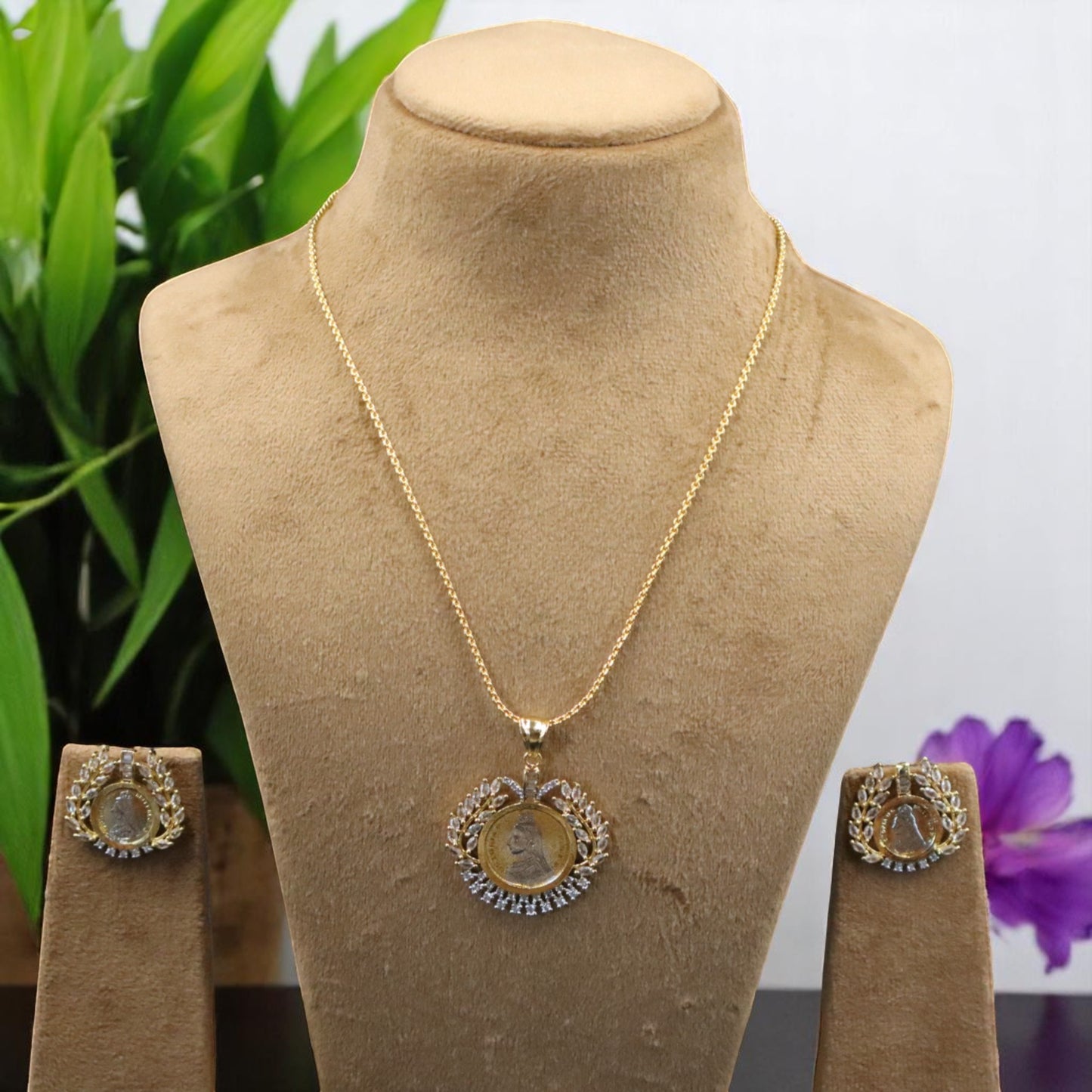 Golden Vedika American Diamond Pendant set