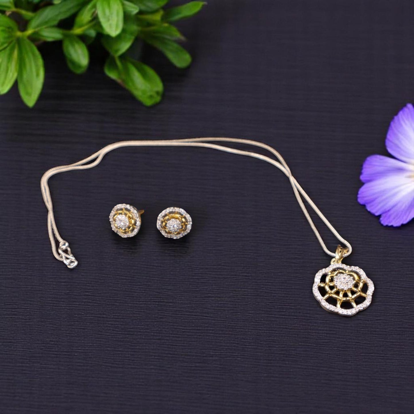 Gold Silvery Rashmika American Diamond Pendant set