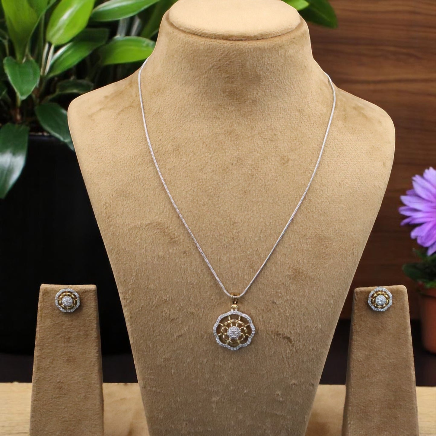 Gold Silvery Rashmika American Diamond Pendant set