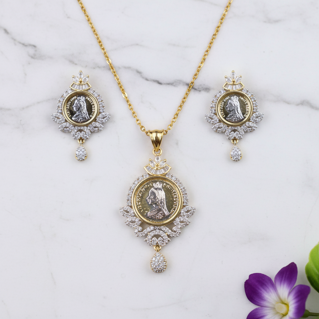 Golden Niranjana American Diamond Pendant set