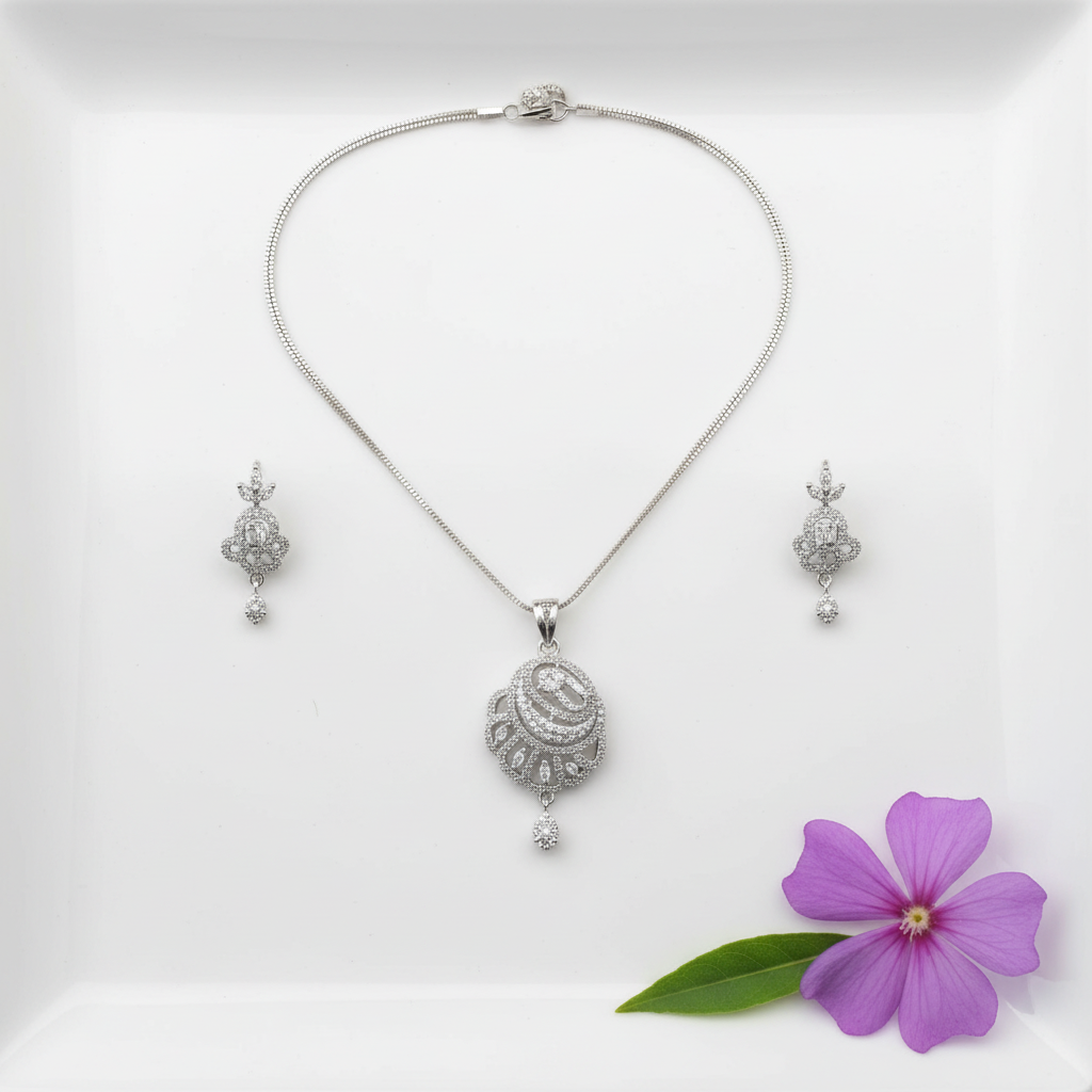 Silvery Nityashree American Diamond Pendant set