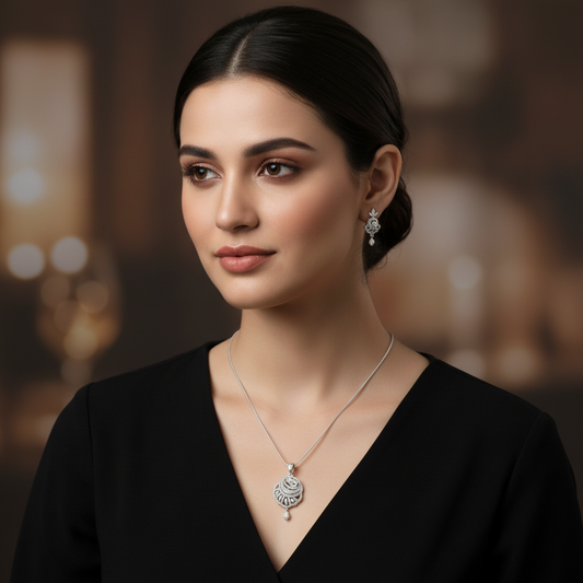 Silvery Nityashree American Diamond Pendant set