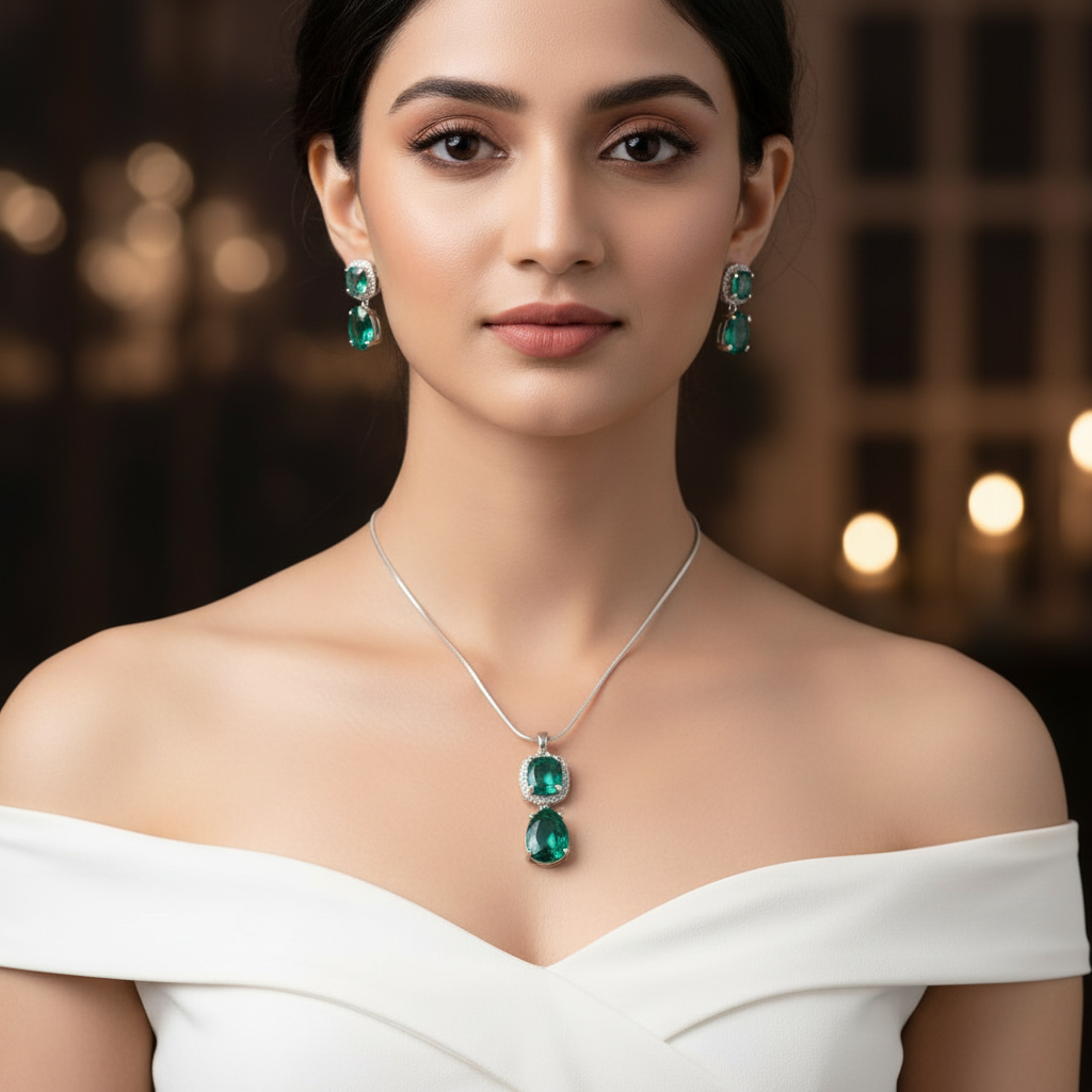 Sea Green Amolika American Diamond Pendant set