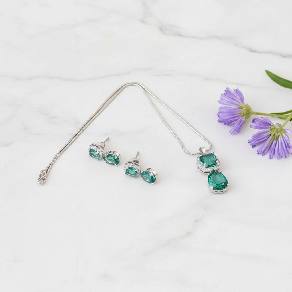 Sea Green Amolika American Diamond Pendant set