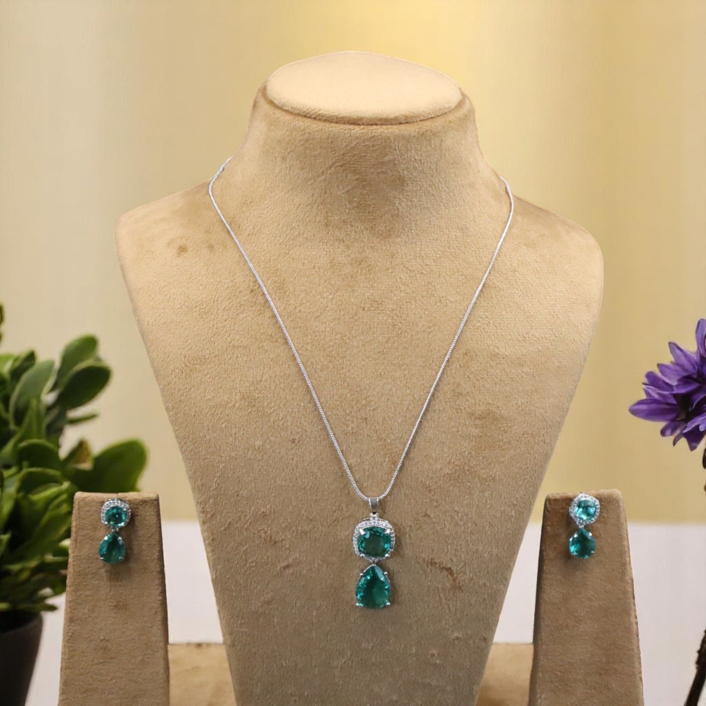 Sea Green Amolika American Diamond Pendant set