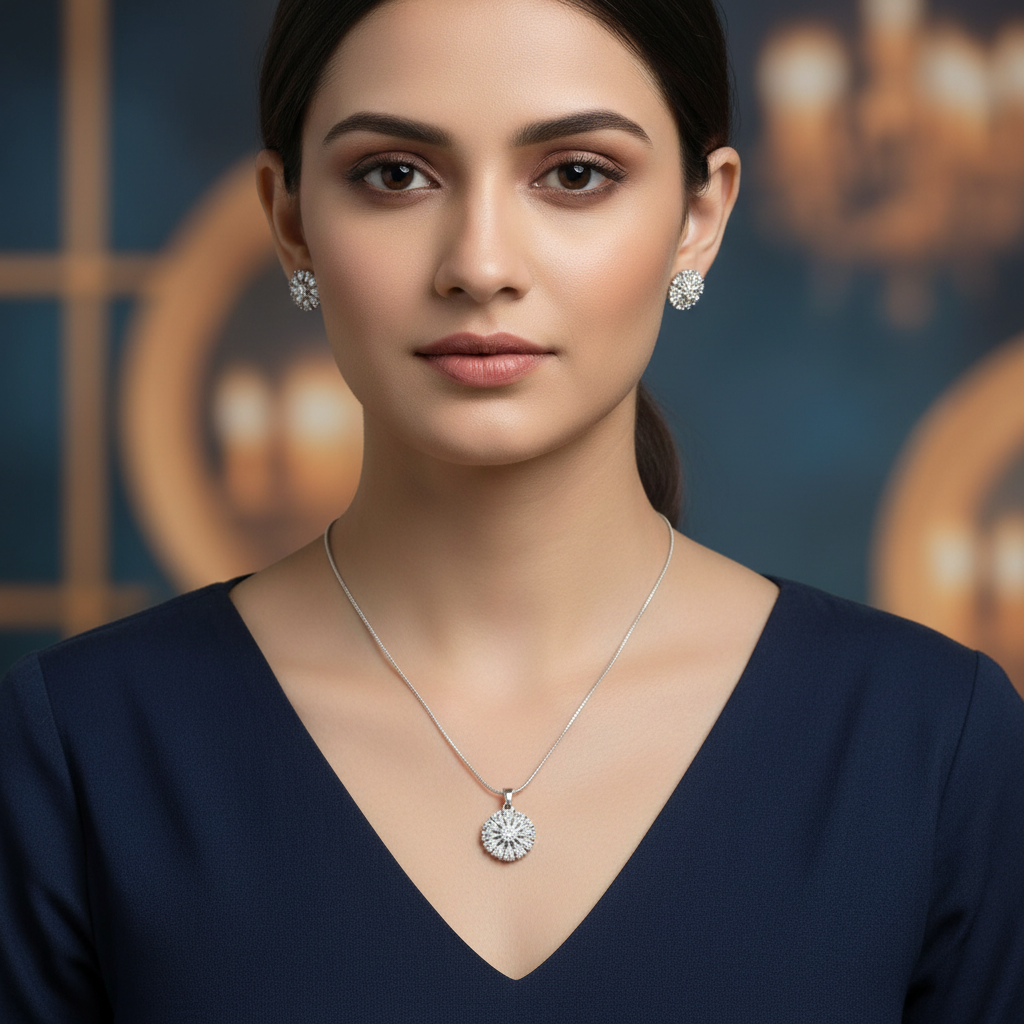 Silvery Ritvika American Diamond Pendant set