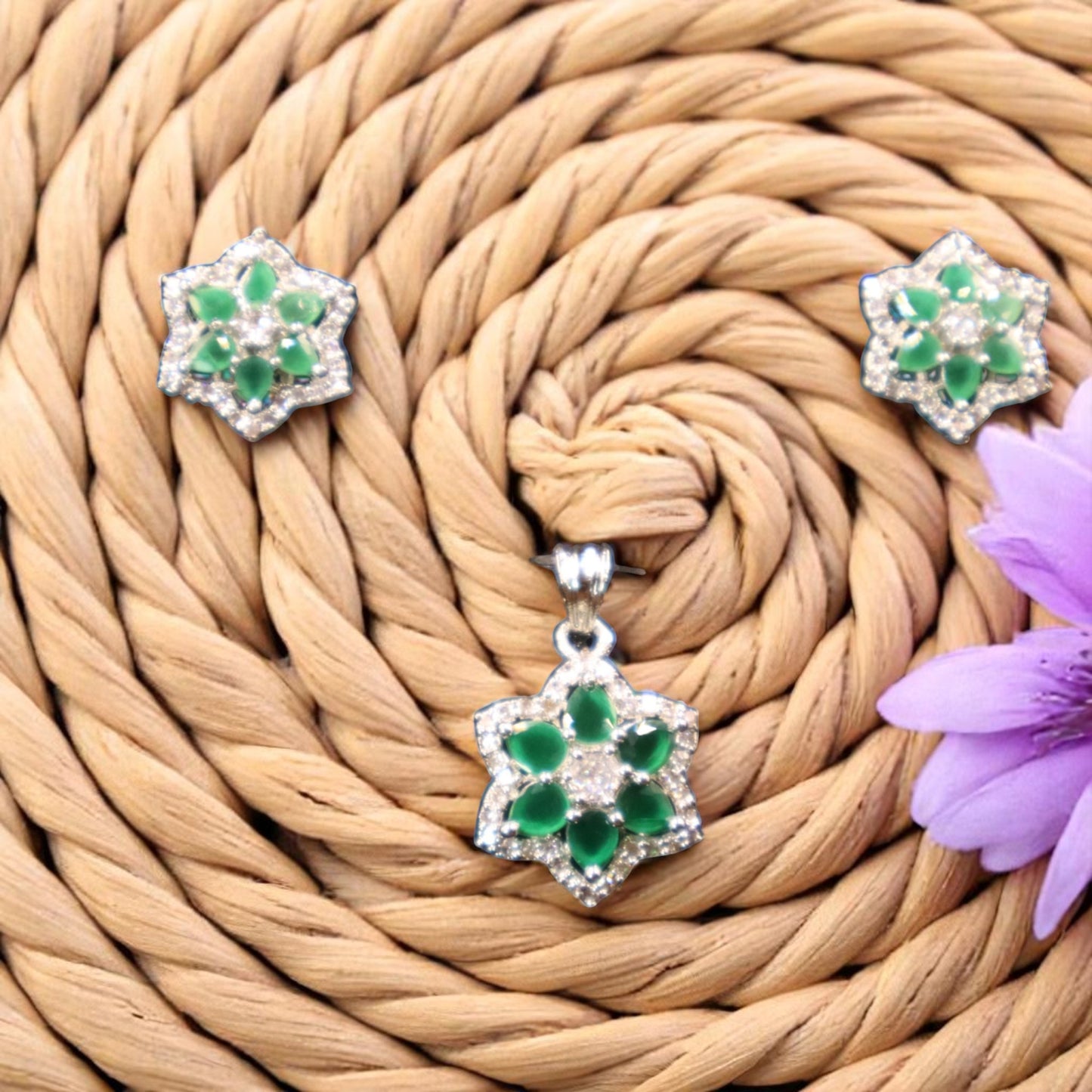 Emerald Lohita American Diamond Pendant set