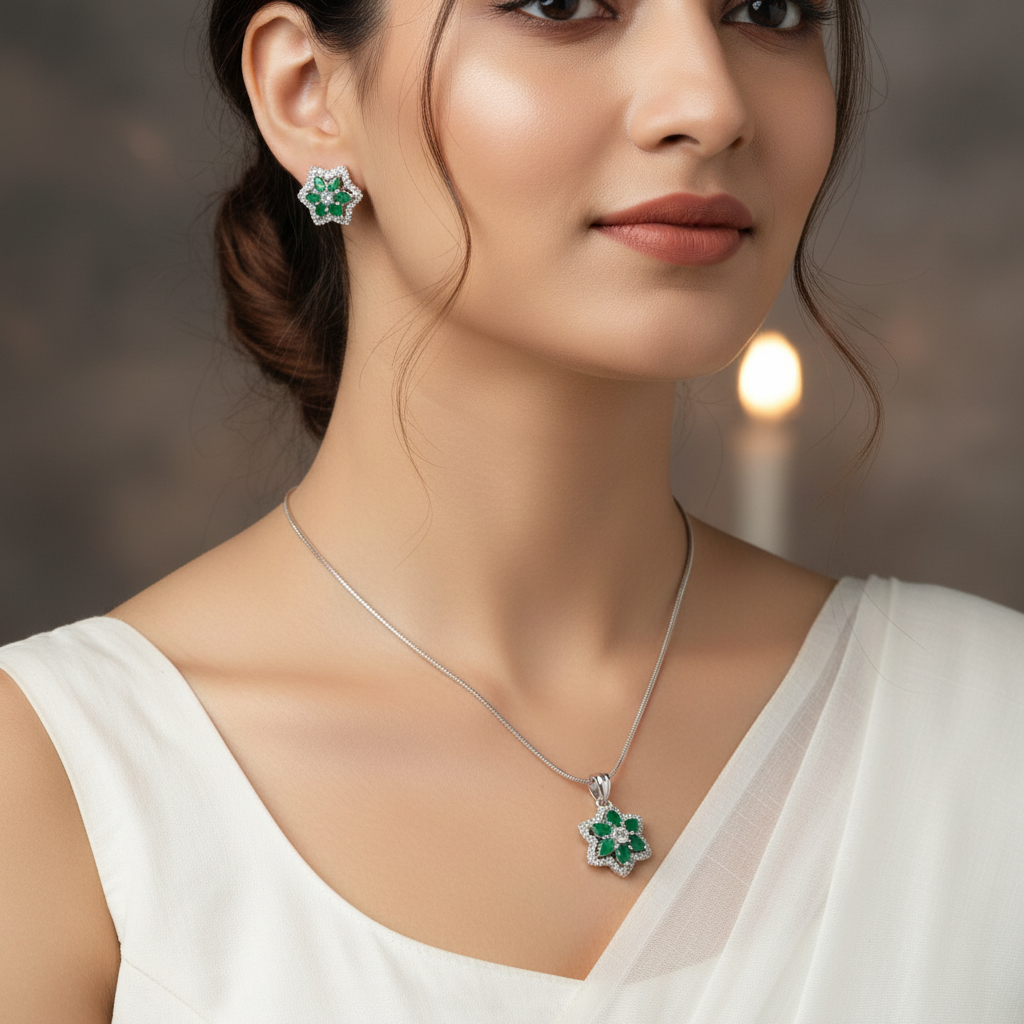 Emerald Lohita American Diamond Pendant set