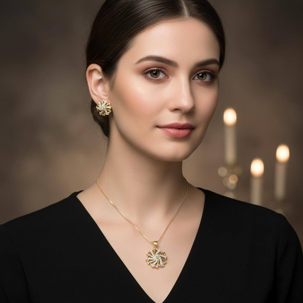 Gold Silvery Tanishka American Diamond Pendant set