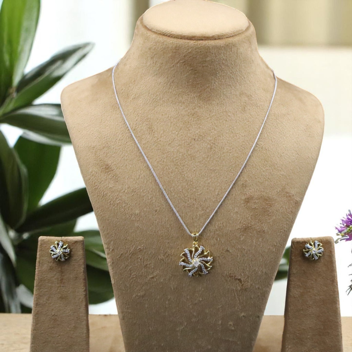 Gold Silvery Tanishka American Diamond Pendant set