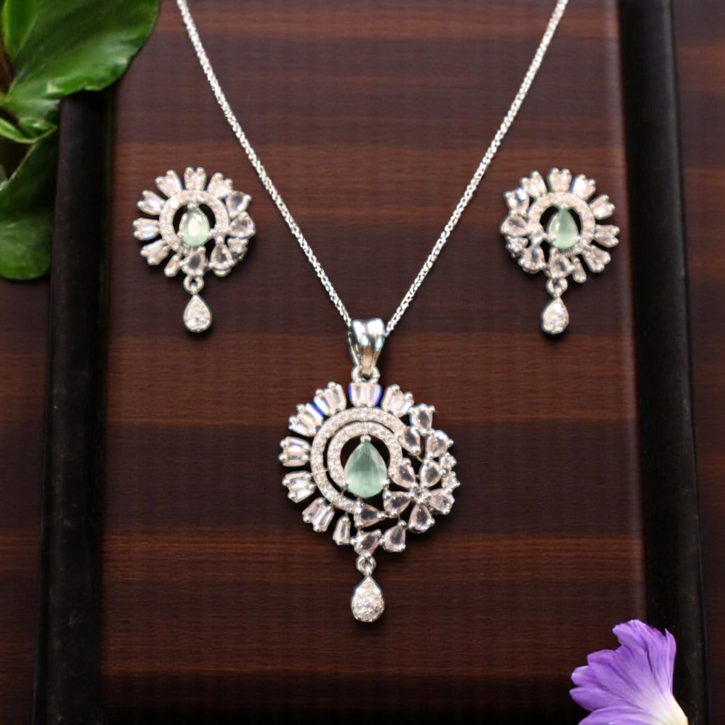 Turquoise Ishvarya American Diamond Pendant set