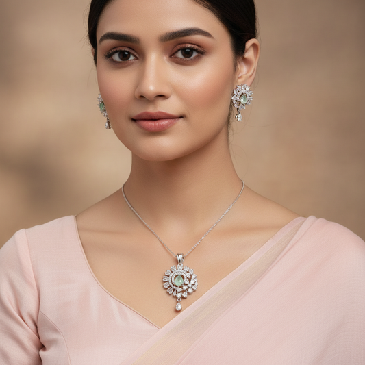 Turquoise Ishvarya American Diamond Pendant set