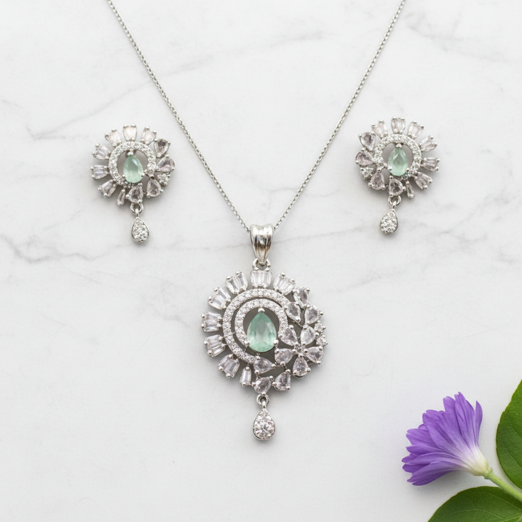 Turquoise Ishvarya American Diamond Pendant set