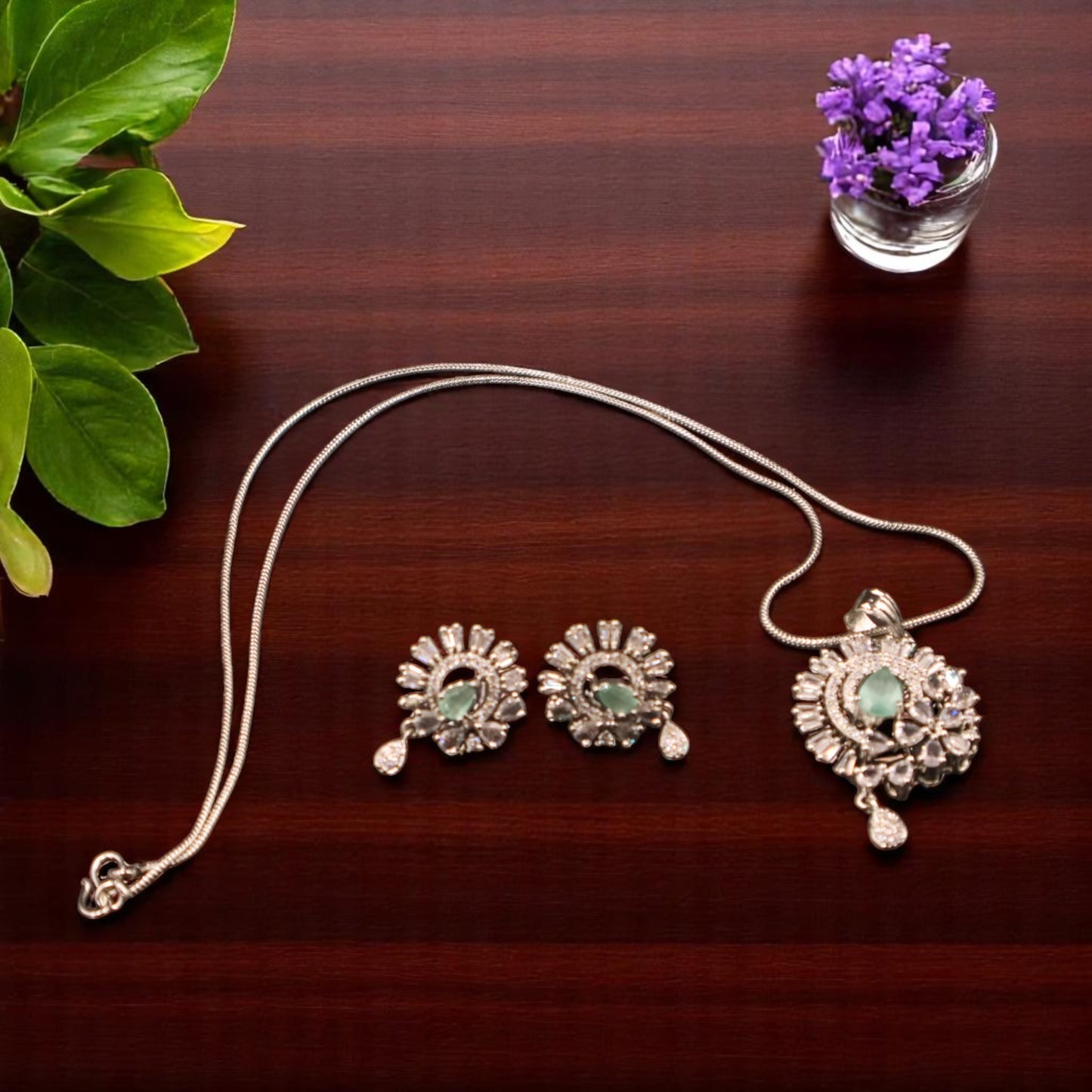 Turquoise Ishvarya American Diamond Pendant set