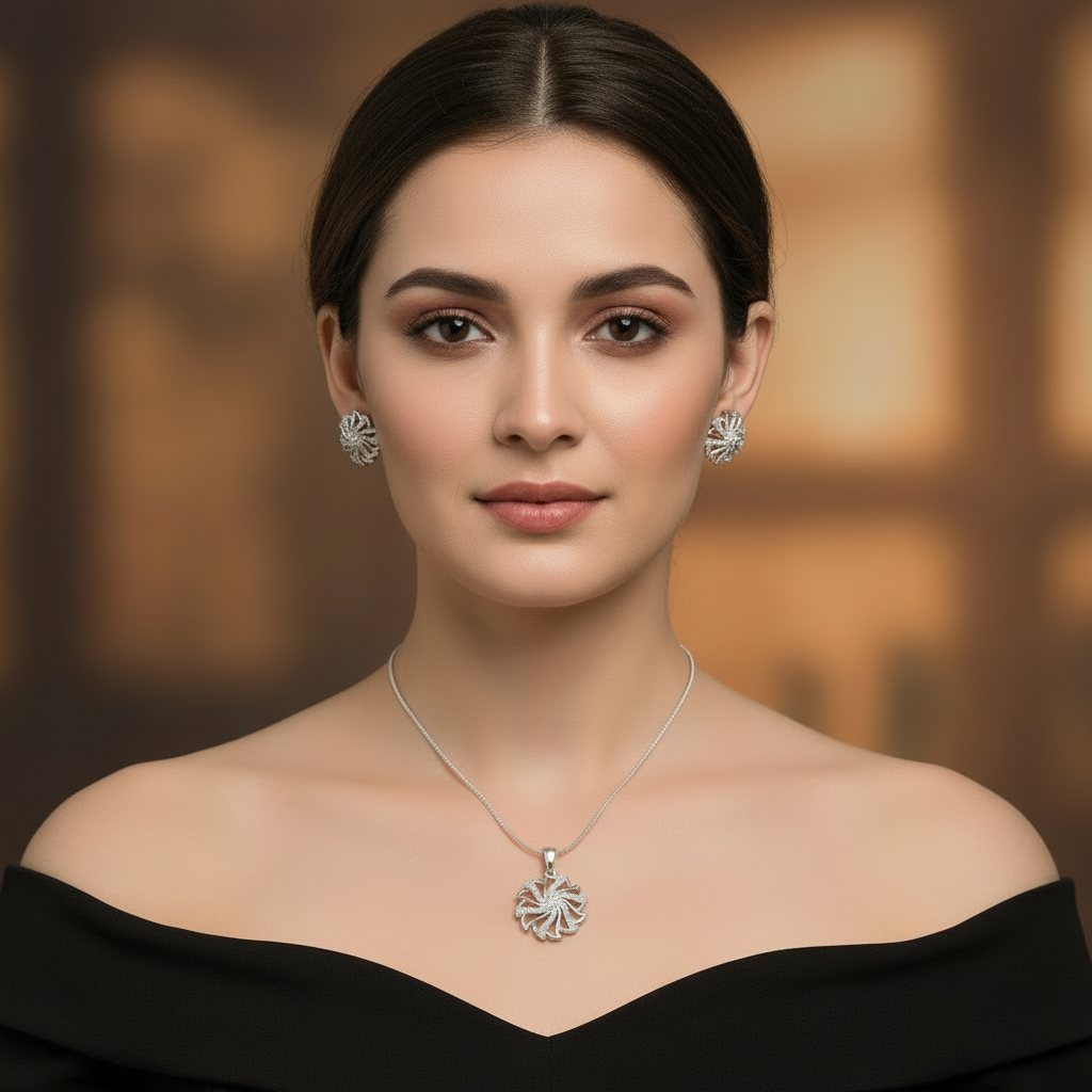 Silvery Tanishka American Diamond Pendant set