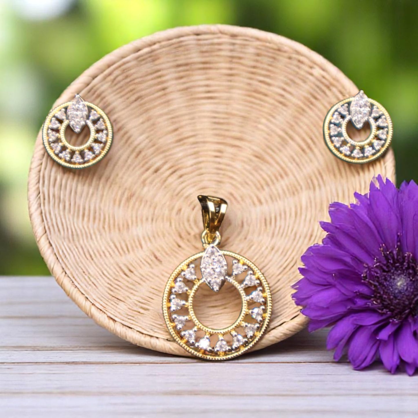 Gold Silvery Pranali American Diamond Pendant set