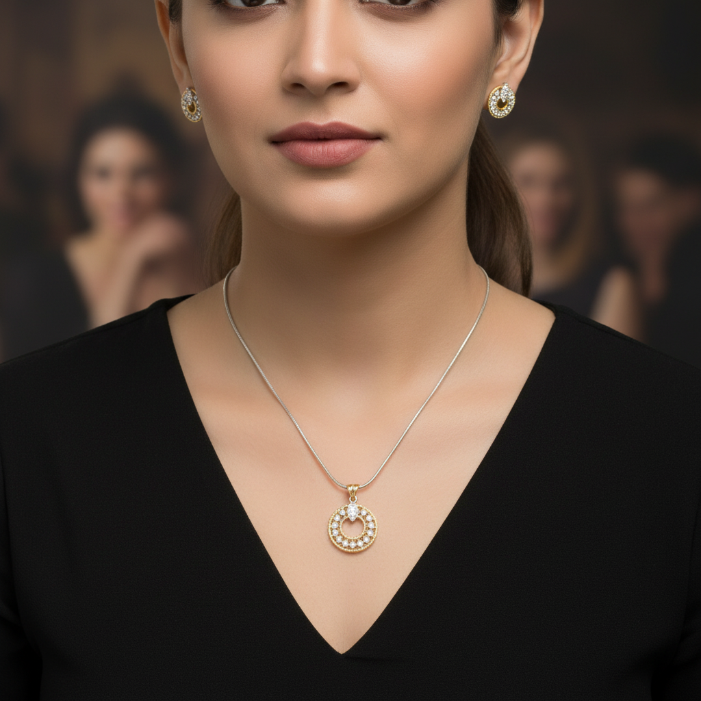 Gold Silvery Pranali American Diamond Pendant set