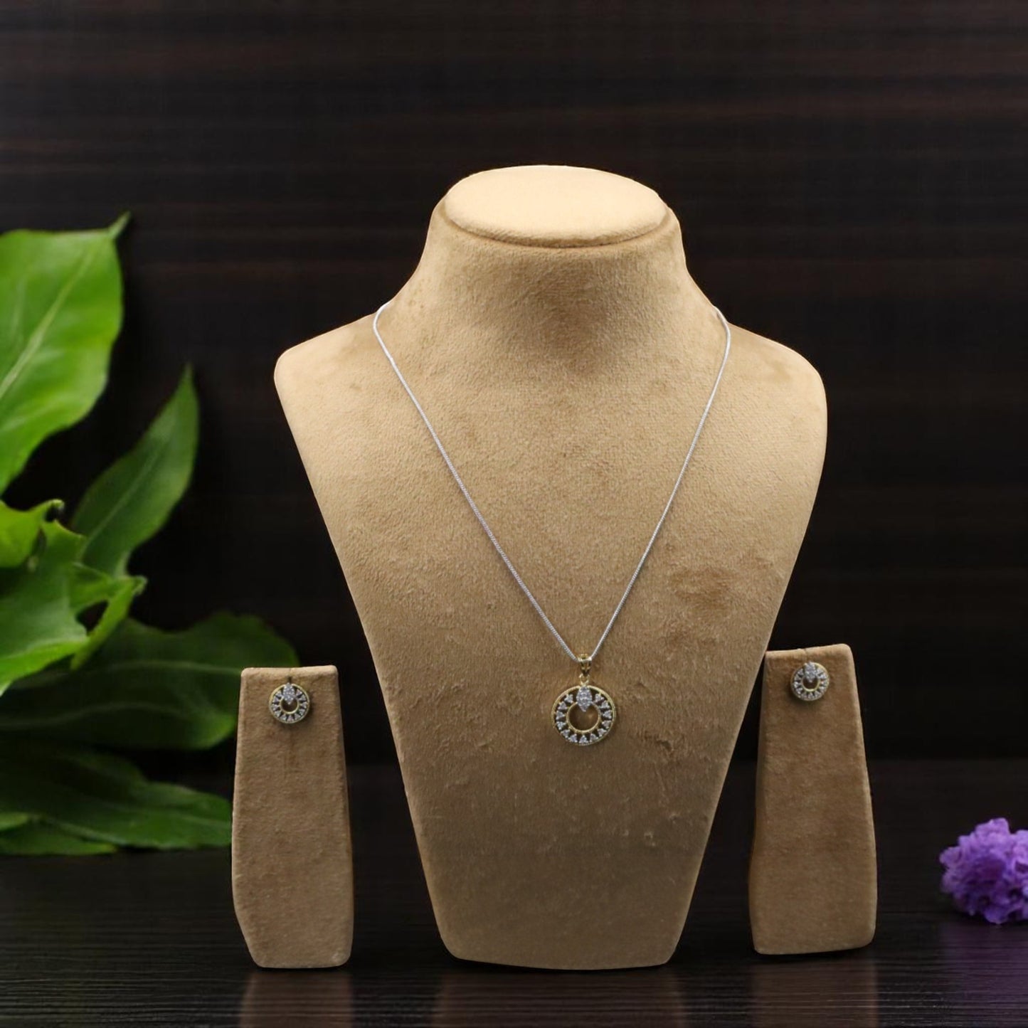 Gold Silvery Pranali American Diamond Pendant set