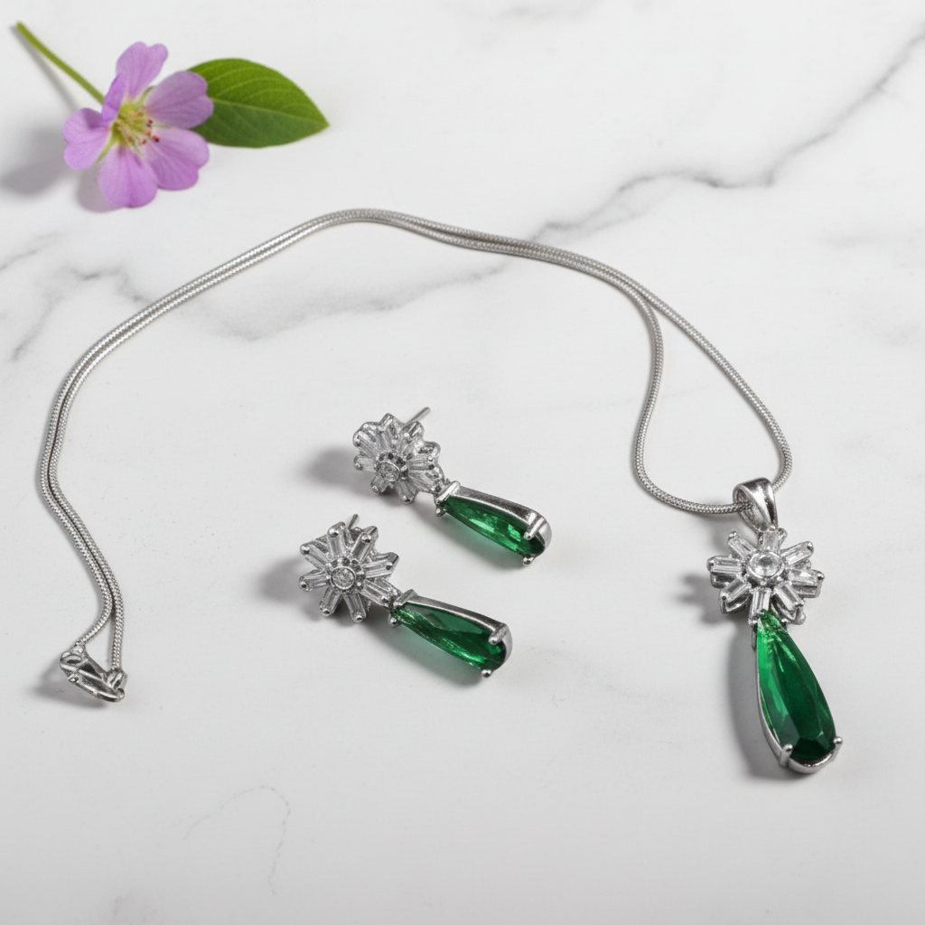 Emerald Svarnika American Diamond Pendant set