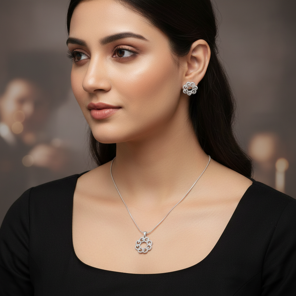 Silvery Mahika American Diamond Pendant set