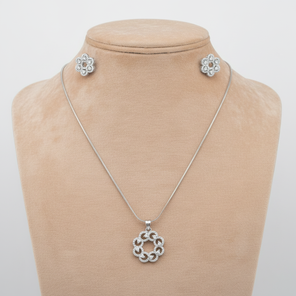 Silvery Mahika American Diamond Pendant set
