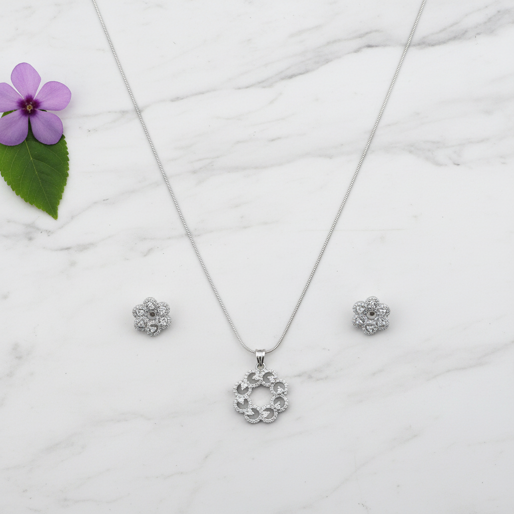 Silvery Mahika American Diamond Pendant set