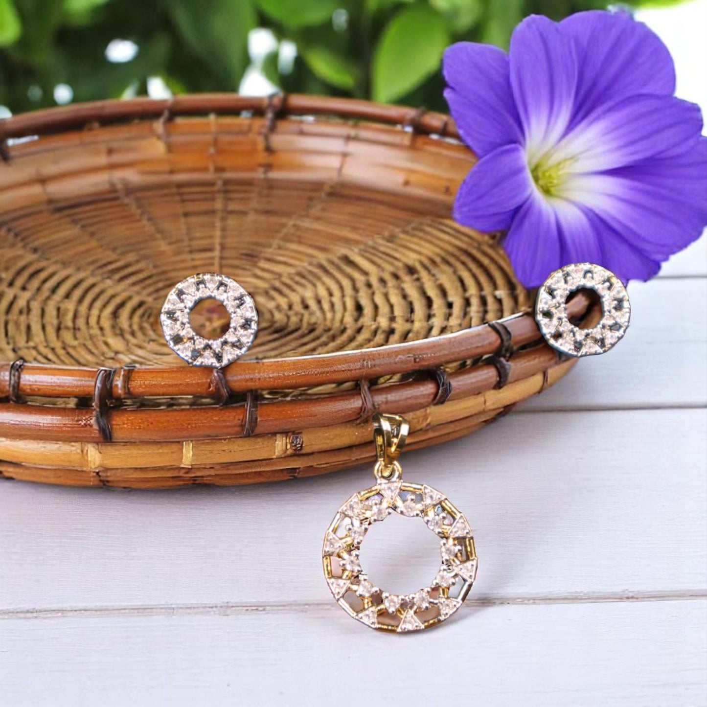 Gold Silvery Bhanusri American Diamond Pendant set