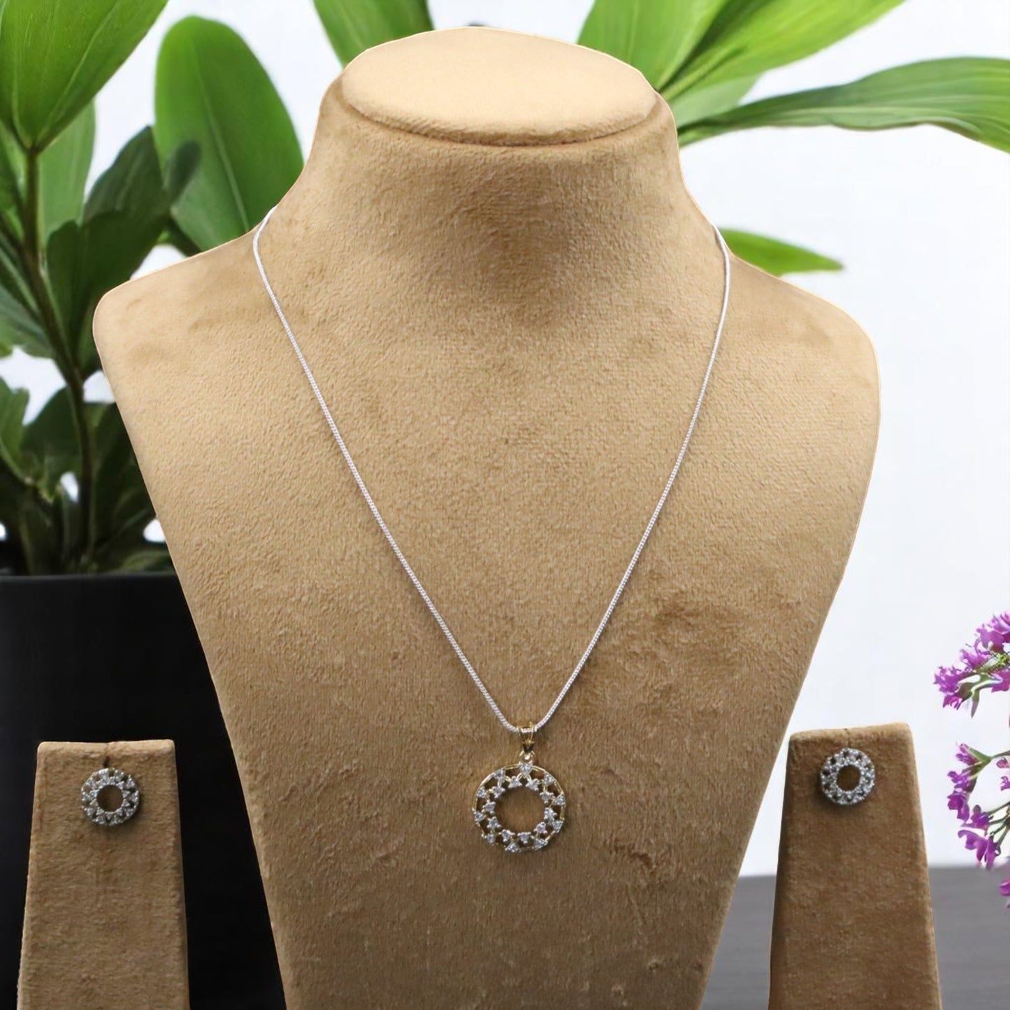 Gold Silvery Bhanusri American Diamond Pendant set