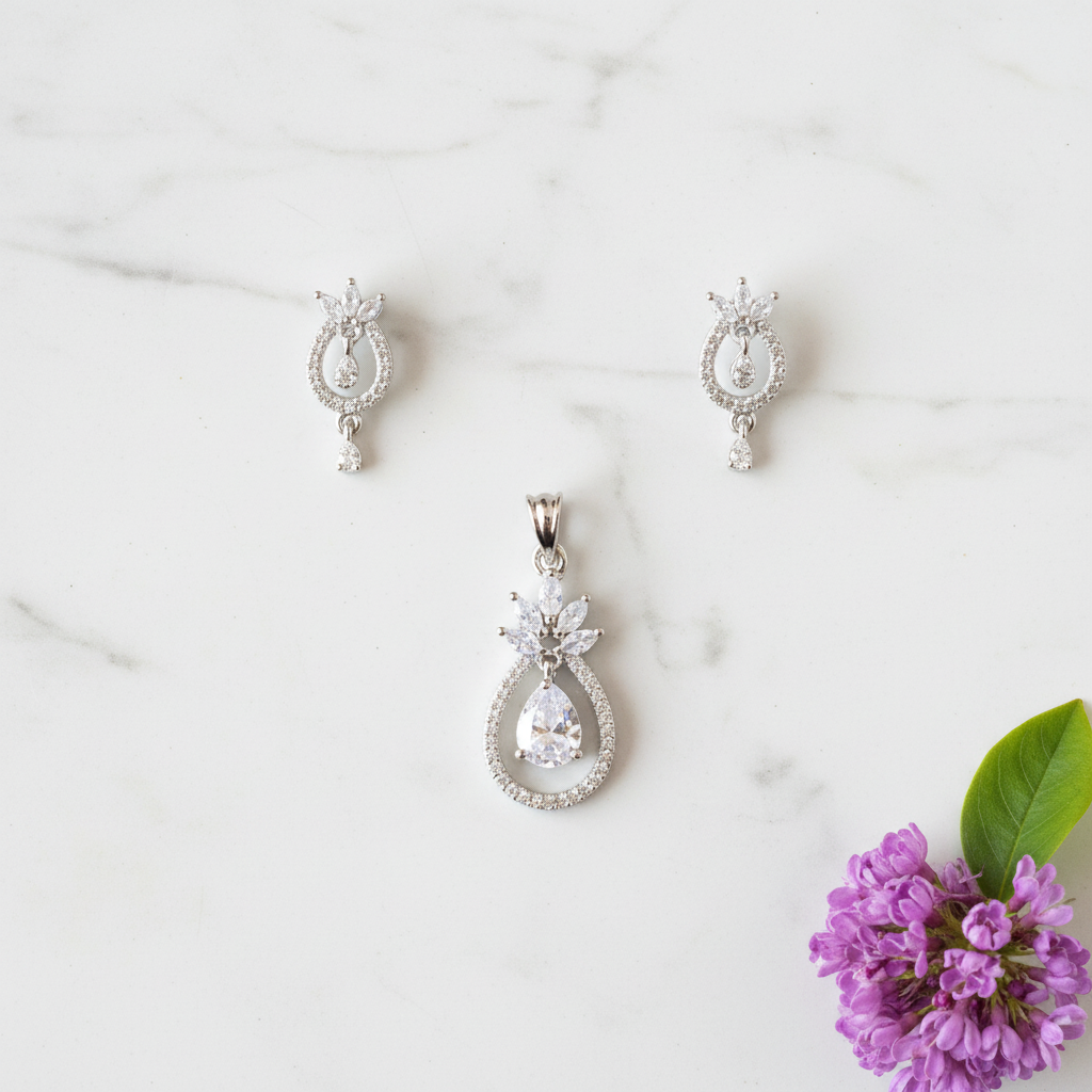 Silvery Pratibha American Diamond Pendant set
