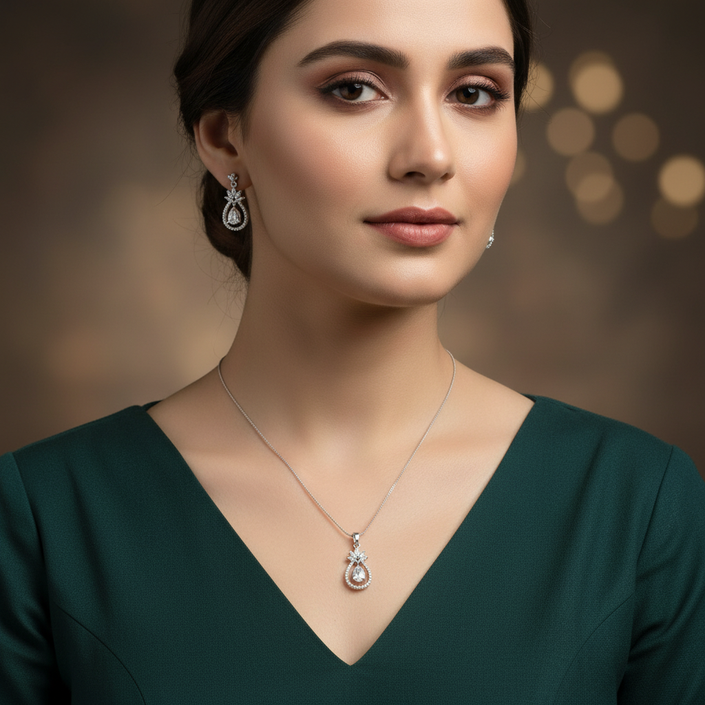 Silvery Pratibha American Diamond Pendant set