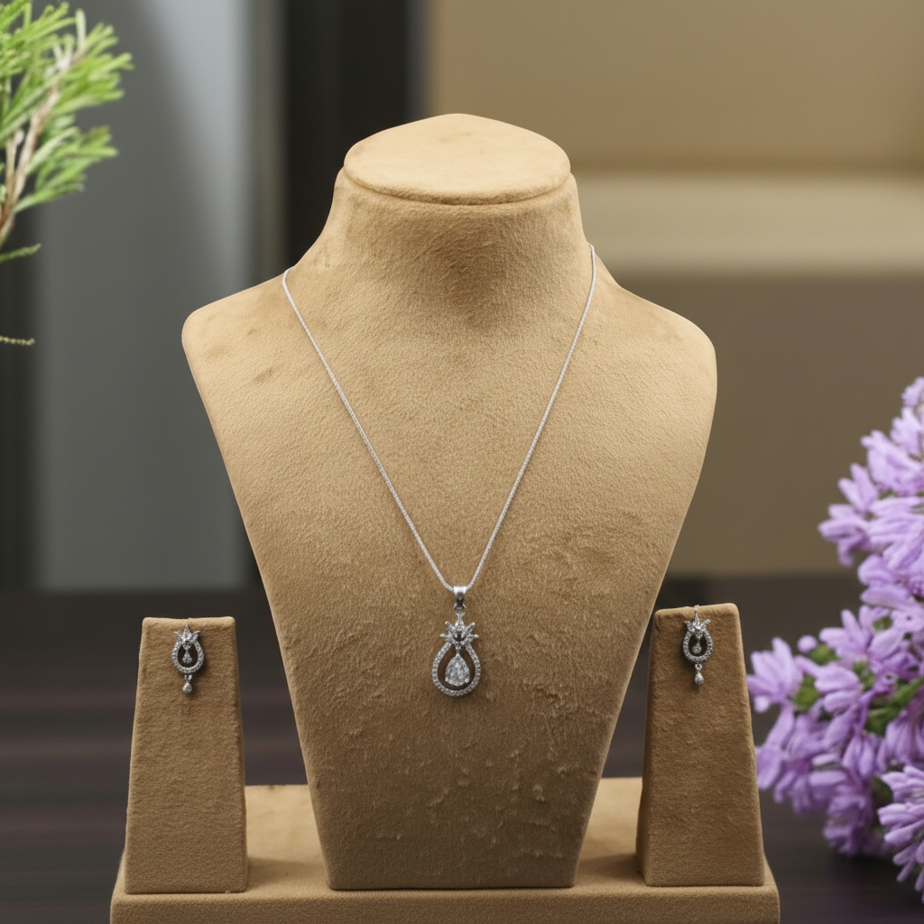 Silvery Pratibha American Diamond Pendant set
