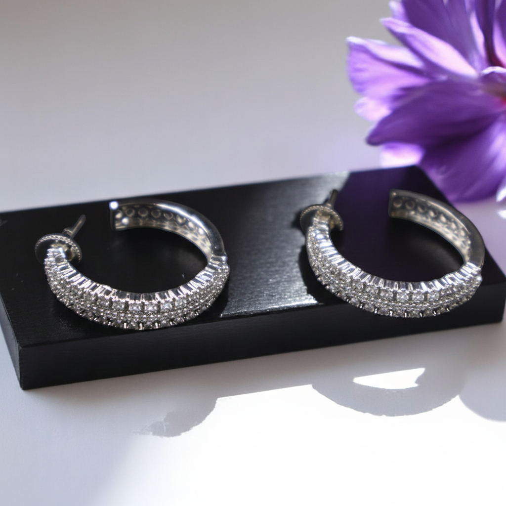 Silvery Shambhavi American Diamond Hoops