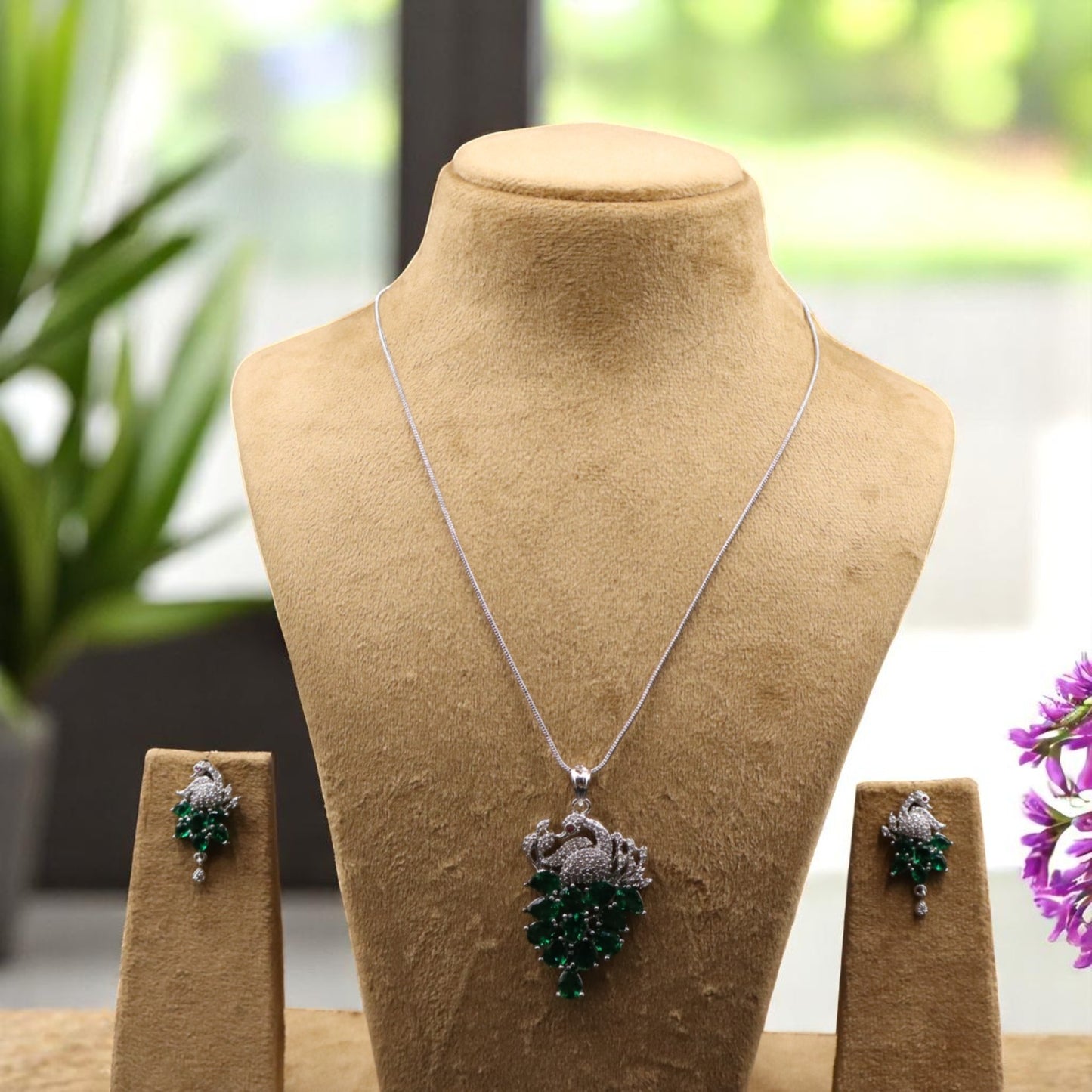 Emerald Mormahal American Diamond Pendant set