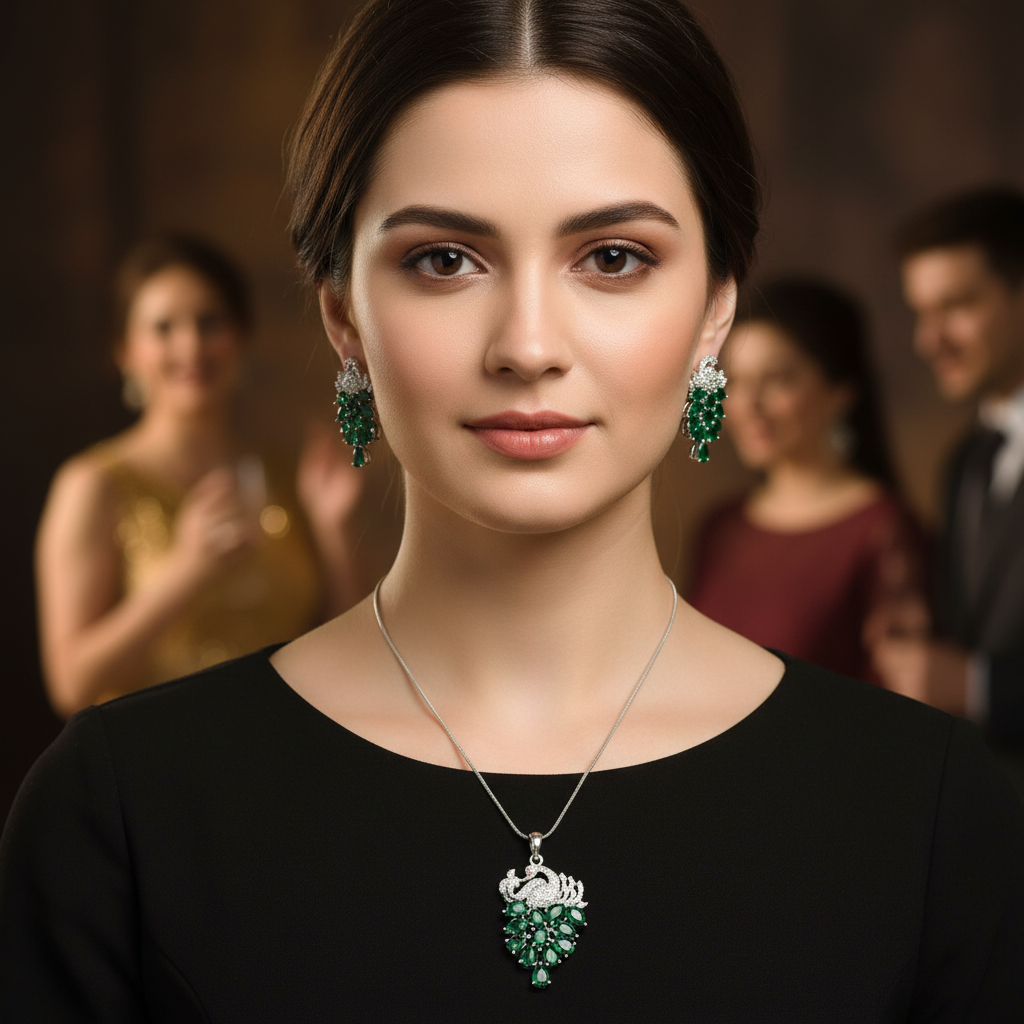 Emerald Mormahal American Diamond Pendant set