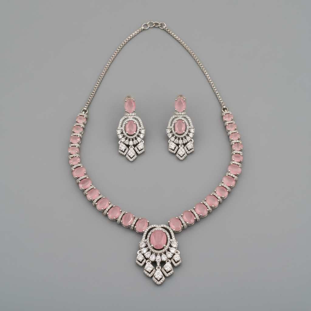 Pink Akshita American Diamond Necklace set