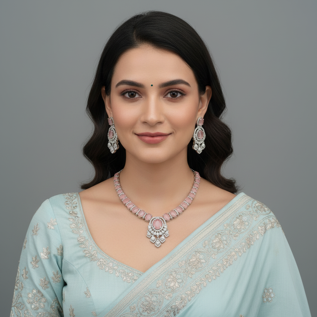 Pink Akshita American Diamond Necklace set