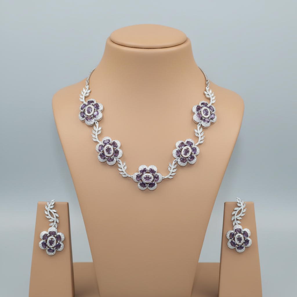 Purple Yuvrani American Diamond Necklace set